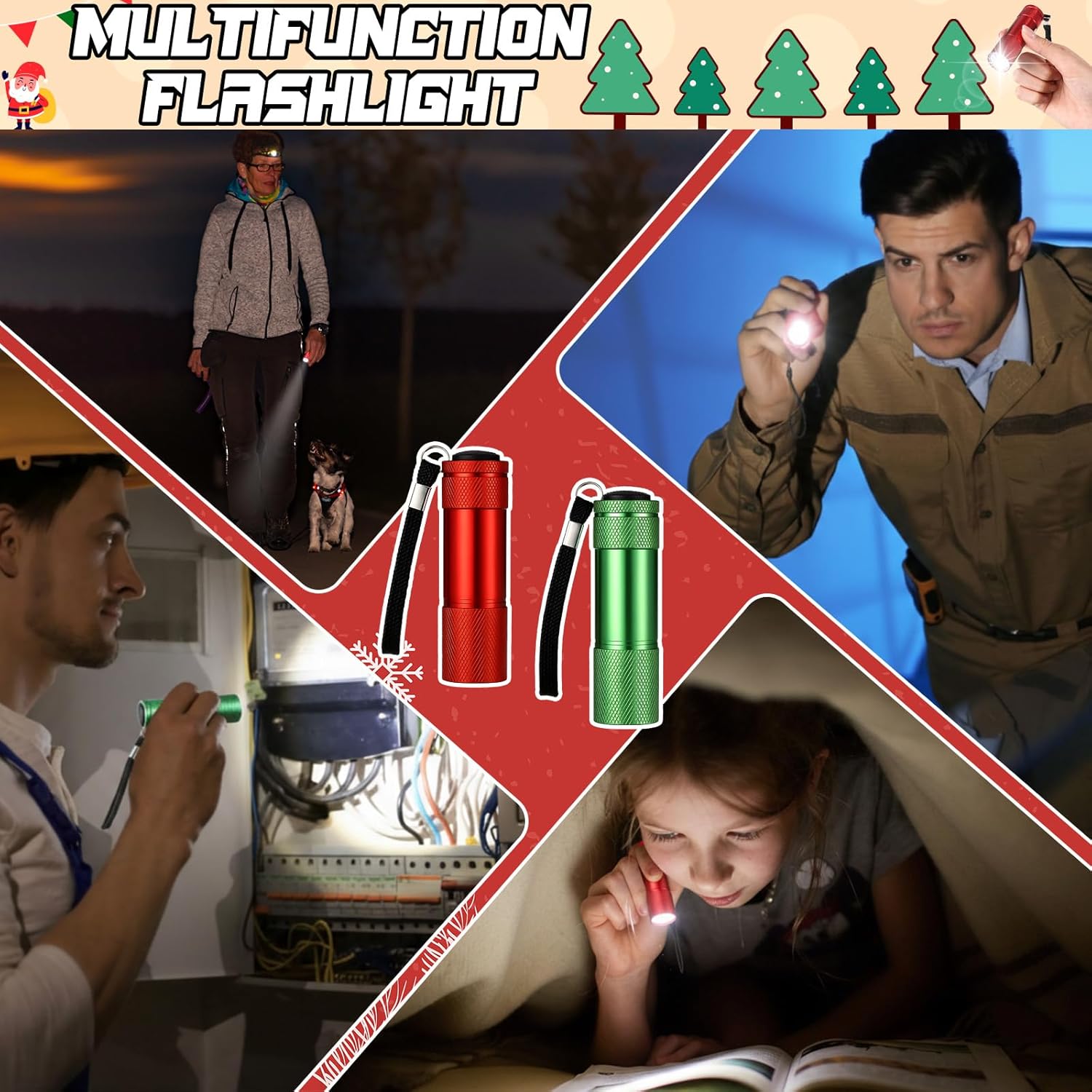 Tujoe 12 Pcs Christmas Flashlights Bulk Mini Flashlights Set Aluminum LED Handheld Torches Bright Torches with Christmas Card Portable 9 Bulbs for Santa Gift Party Favor Night Reading Camping Cycling