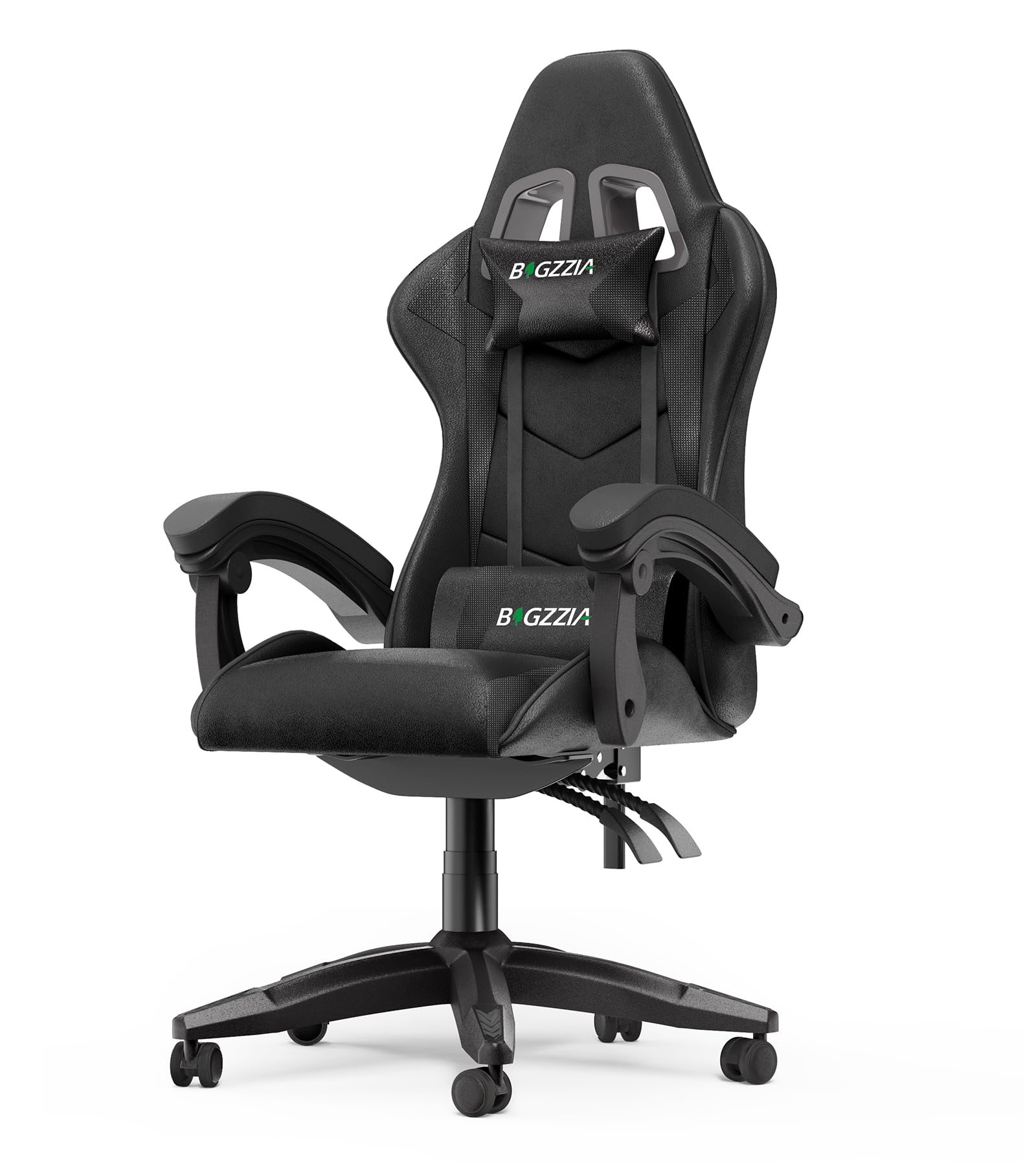 bigzzia Silla Gaming,Silla Ergonómica Gaming,Altura Regulable Silla con Apoyo Lumbar y Reposacabezas, Respaldo Inclinable hasta 155° (NingúN RGB, Negro)