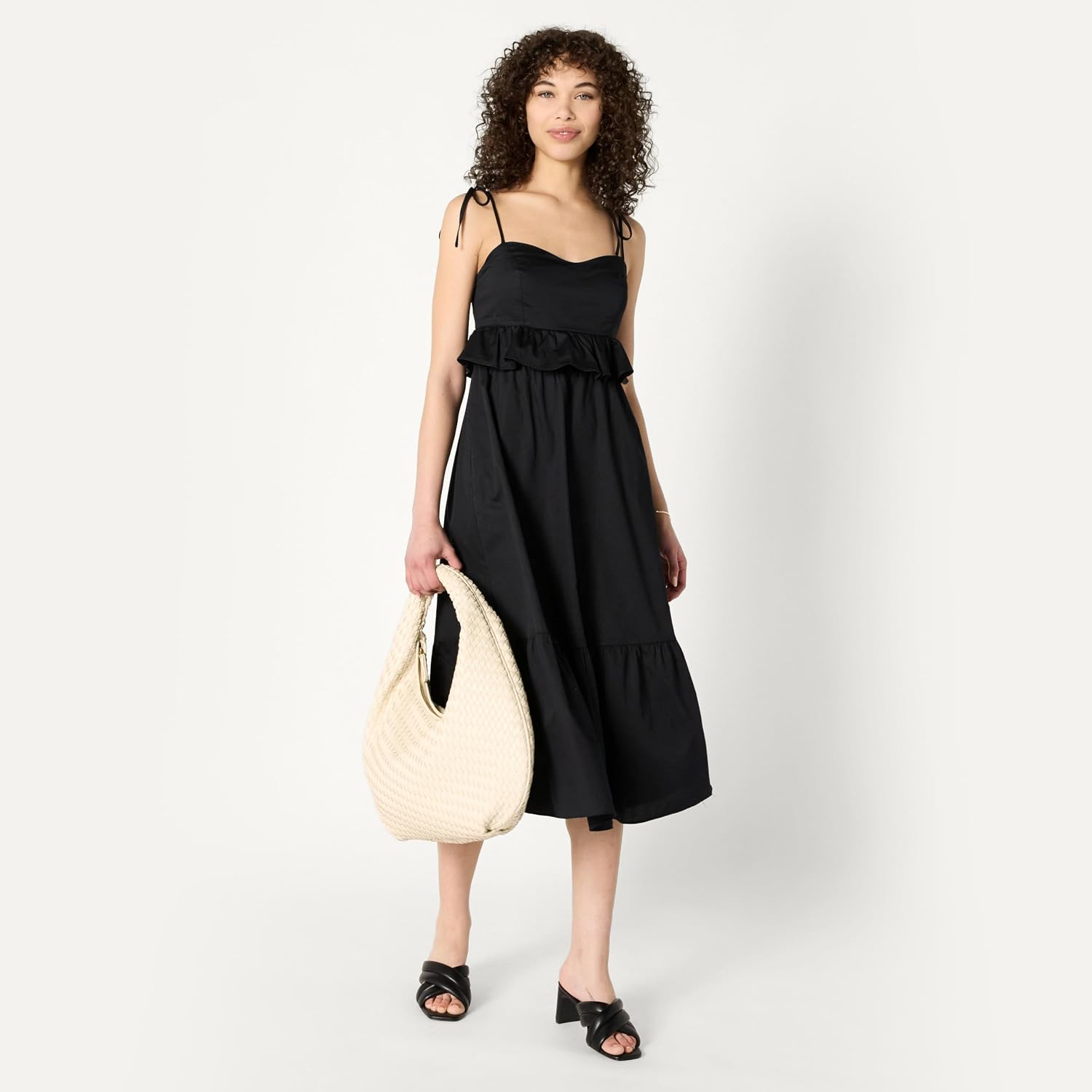 Amazon Essentials Women's Fit and Flare Cotton Sateen Empire Waist Midi Ruffle Dress