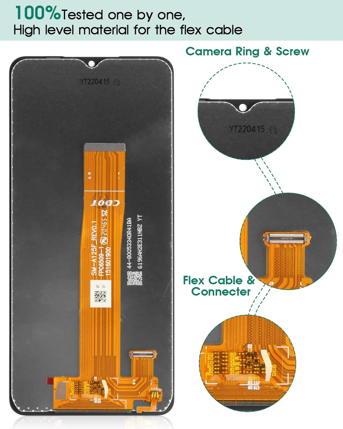 Close-up view of the Samsung Galaxy A12 replacement screen's flex cable and connector.