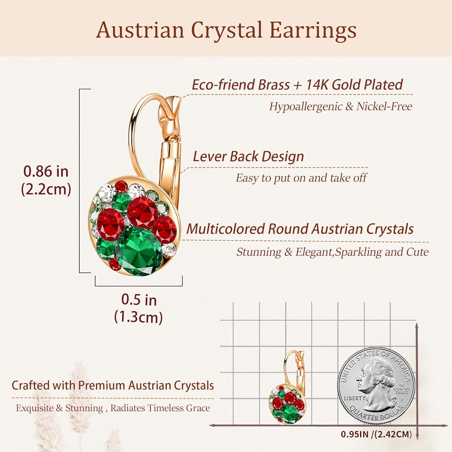 Multicolored Austrian Crystal Leverback Earrings for Women 14K Gold Plated Dangle Hoop Earrings Hypoallergenic Jewelry