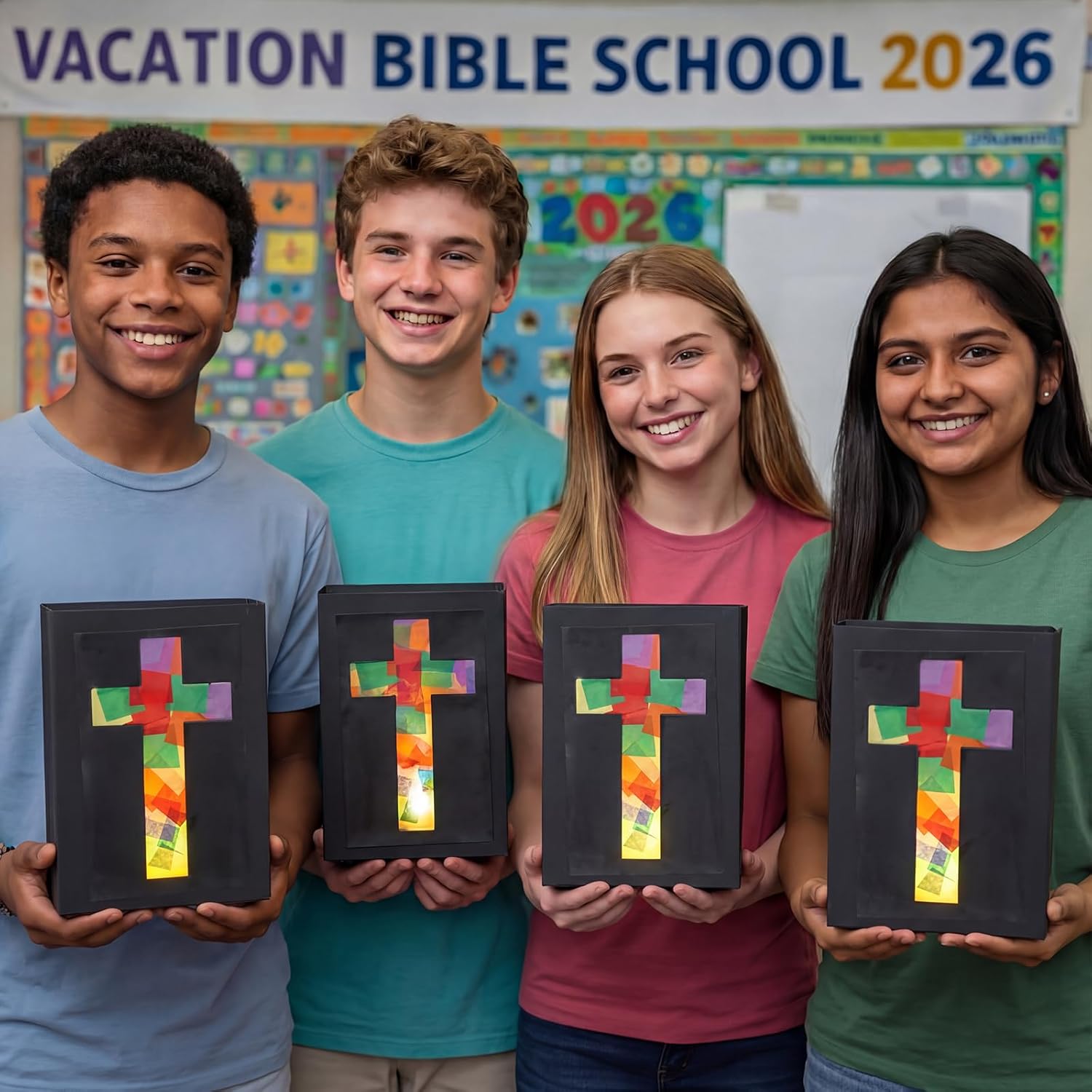 16 Set 2026 Vbs Cross Lantern Craft Kit DIY Illumination Theme Faux Stained Glass Paper Lanterns with LED Candle Lights Religious Easter Make Your Own Craft Bulk for Church Vacation Holiday