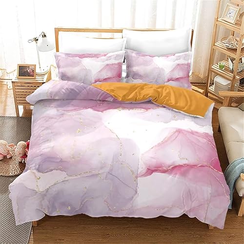 Miniatura 10 de Juego de ropa de cama de mármol abstracto tamaño matrimonial, funda de edredón rosa pastel con purpurina dorada para niñas, niños, adolescentes,