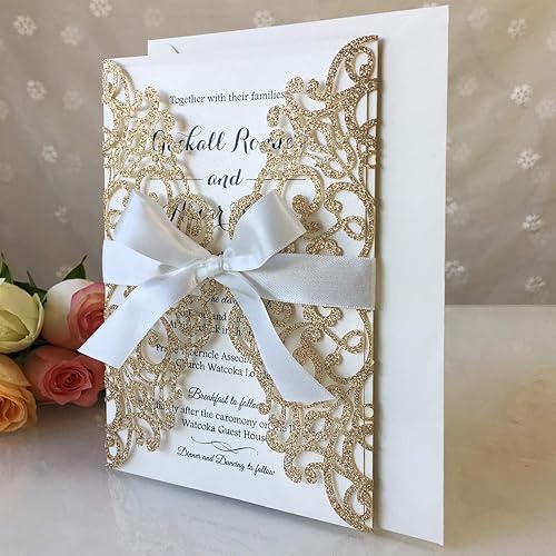 Miniatura 6 de Kit de invitaciones de boda de 5.12 x 7.28 pulgadas, 50 unidades de oro en blanco, con purpurina, cortadas con láser, tarjetas de invitación de