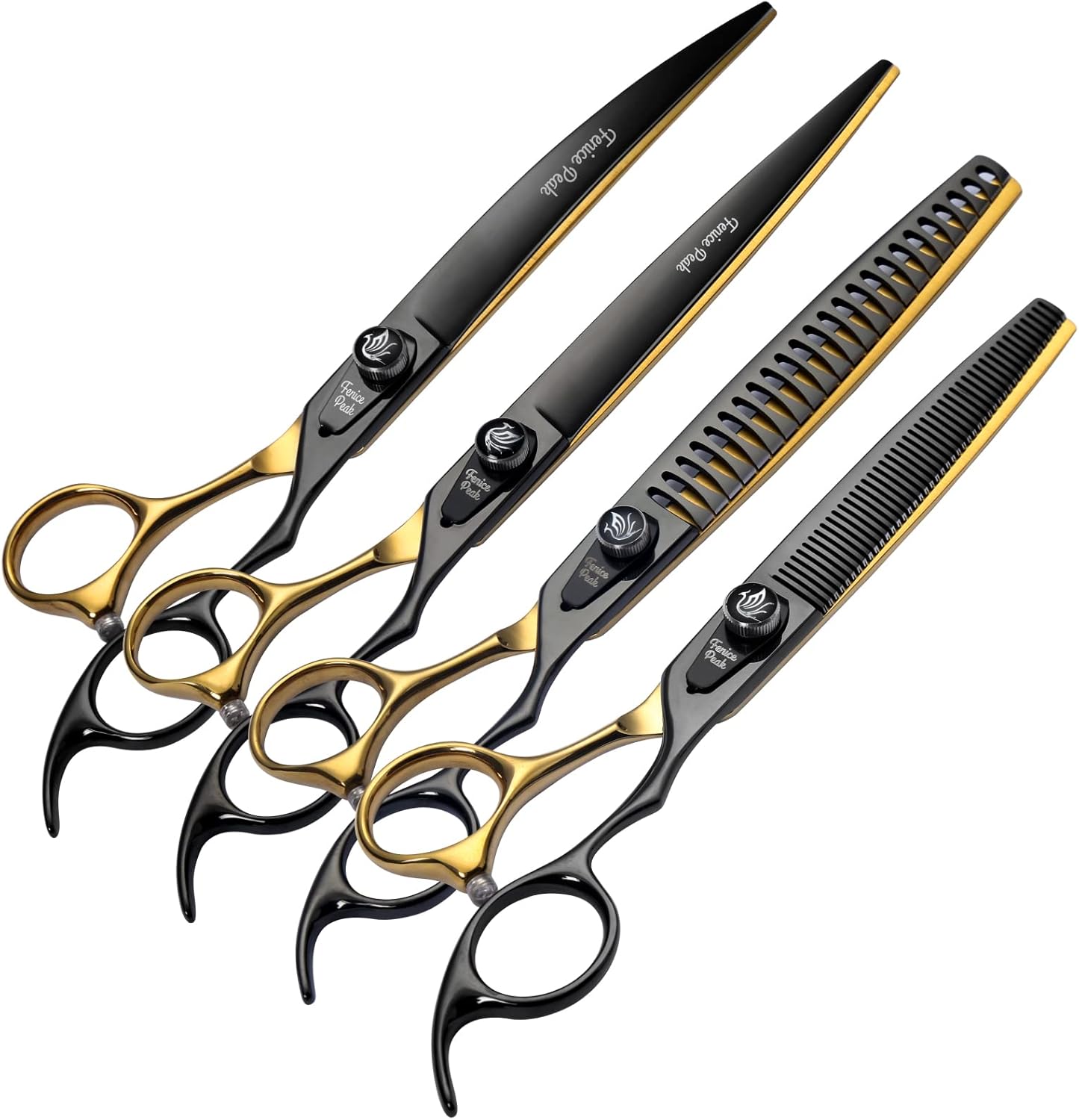 Fenice Peak 7'' Black and Gold Two-color Dog Grooming Scissors Set Straight Thinning Curved and Chunker Shears 4PCS Set with Pattern Screw and Ergonomic Offest Handle 440C Sharp and Durable