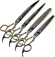 Vista 1 de Fenice Peak Juego de tijeras de aseo de perros de dos colores negro y dorado de 7 pulgadas, tijeras curvadas y chunker de adelgazamiento, juego de 4
