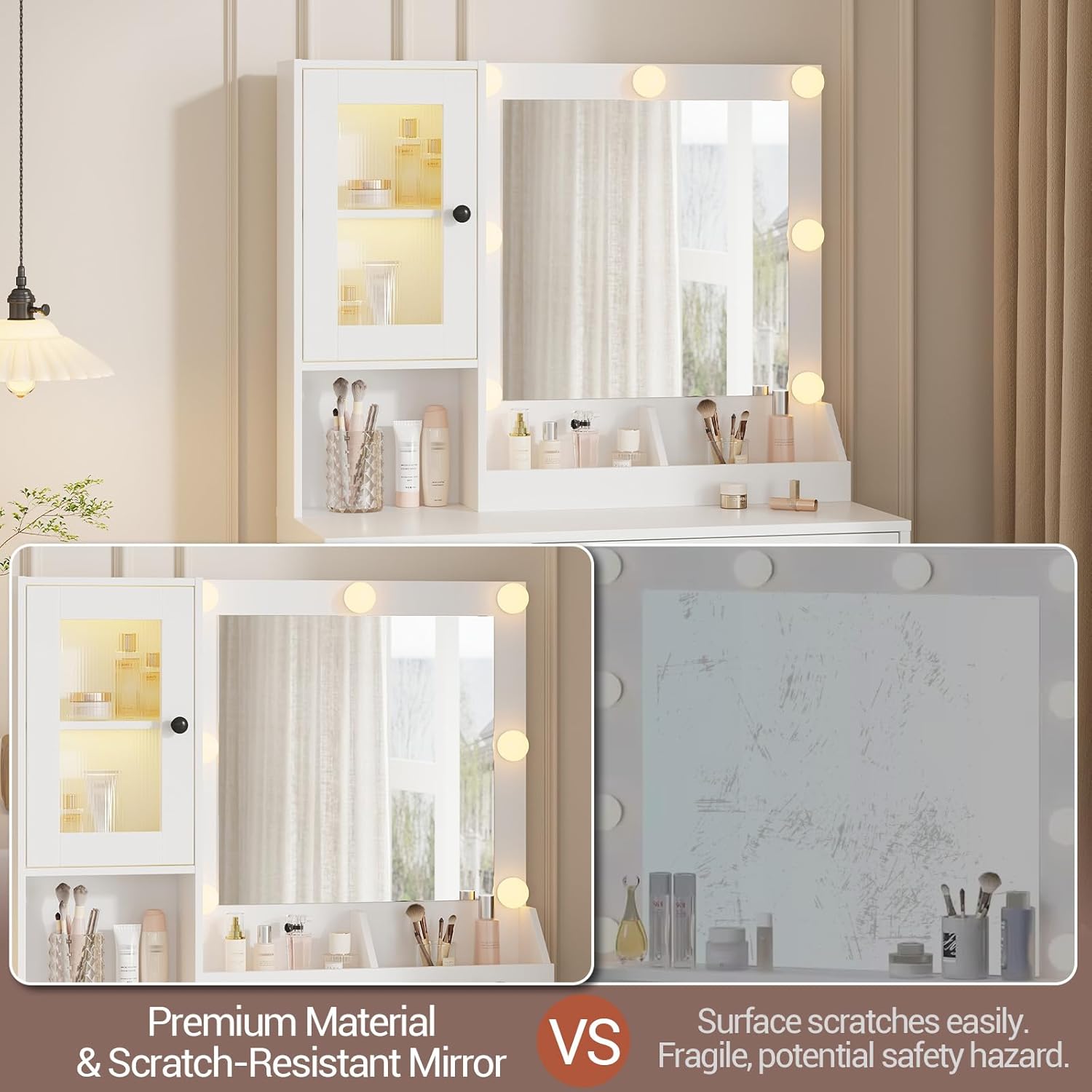 GAOMON Makeup Vanity Desk with Mirror and Lights, Vanity Table with Charging Station, RGB Lights Wood Dressing Table for Bedroom, for Girls