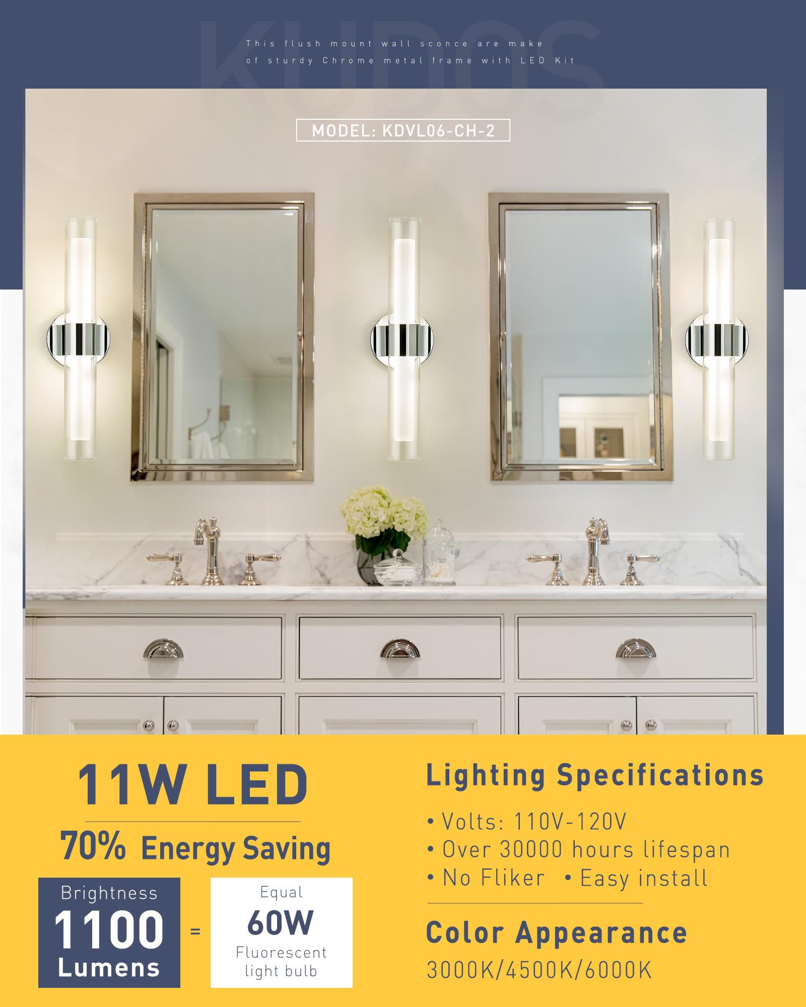 kudos Bathroom Sconces Wall Lighting, Modern LED Vanity Light, Modern Wall Lights with Clear Glass and Frosted Glass, 3000K/4500K/6000K Adjustable, KDVL06-CH-2