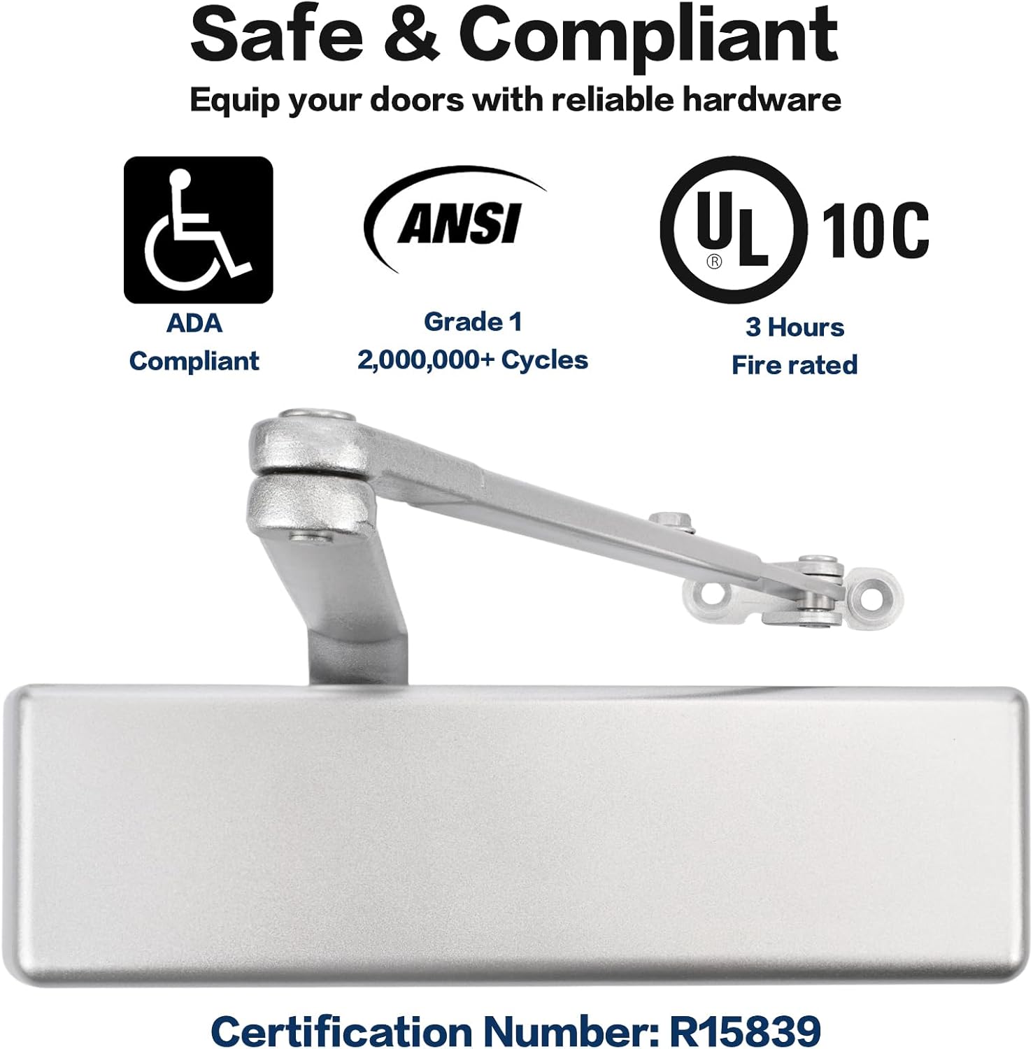 Heavy Duty Commercial Surface Mounted Door Closer, Adjustable Size 1–6, UL10C Grade 1, UL Listed, ADA Compliant, Cast Iron Body, Forged Steel Arm, Backcheck & Delay