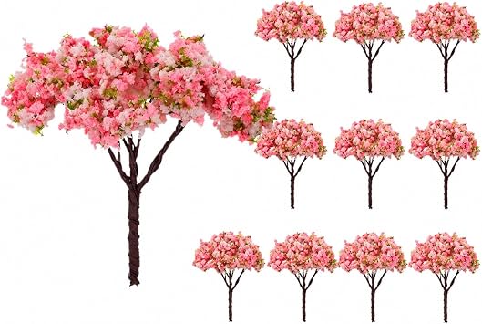 LOGOFUN 10PCS Mini Cherry Blossom Trees Pink Landscape Decor | Realistic Pink Trees For Sand Tables, Model Railways, Fairy Gardens And Dioramas