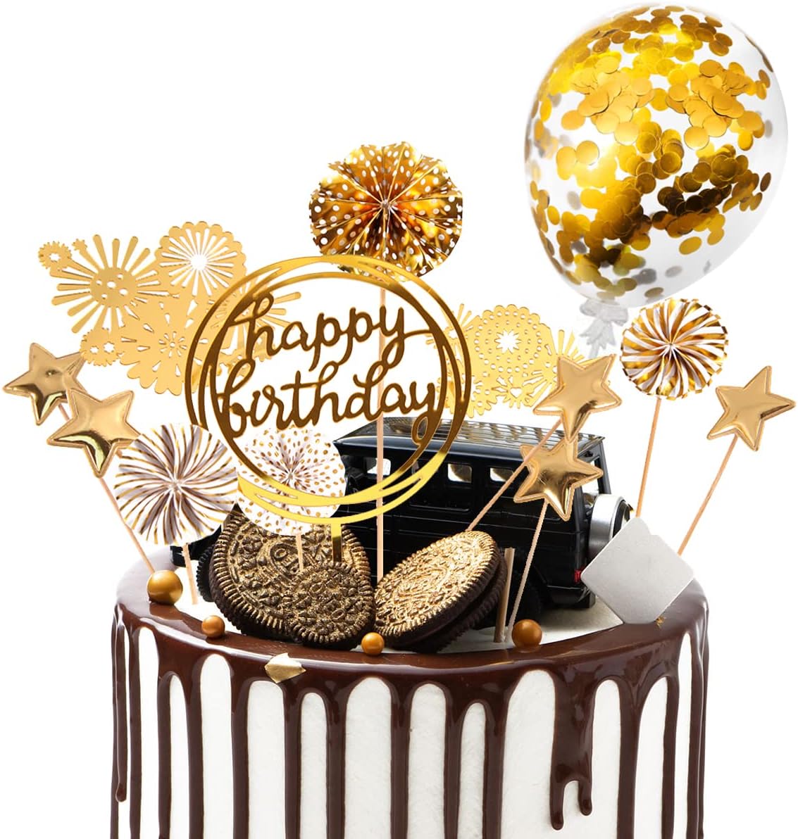 Cake Decorations 13Pcs Cake Toppers Kit Cupcake Topper with Golden Paper Fans Happy Birthday Acrylic Banner Sequins Balloon Fireworks Stars for Gold Theme Birthday Party Anniversary Cake Decor