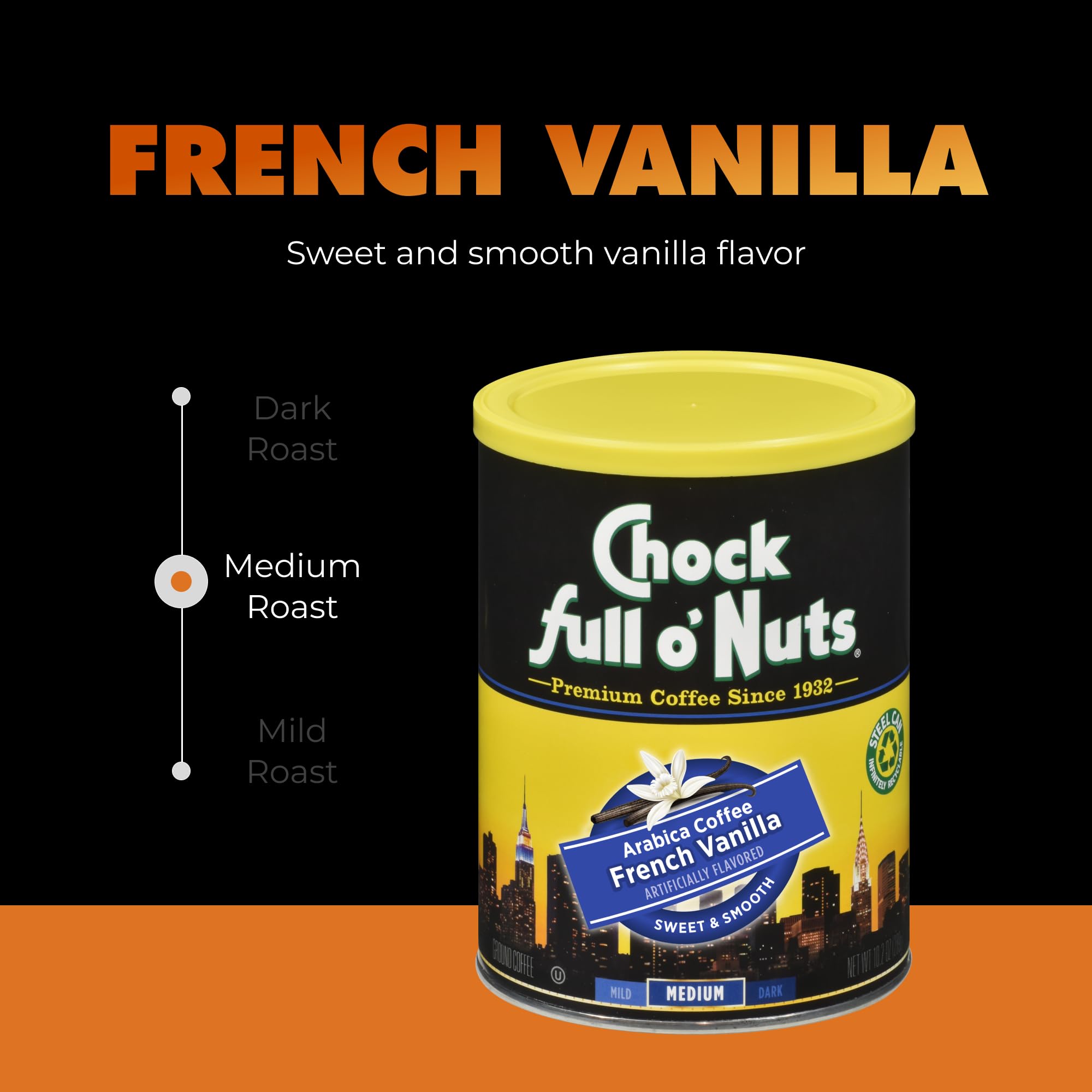Chock Full o'Nuts Gemahlener Kaffee mit französischem Vanillegeschmack, 290 ml Dose, Premium-Kaffeebohnen