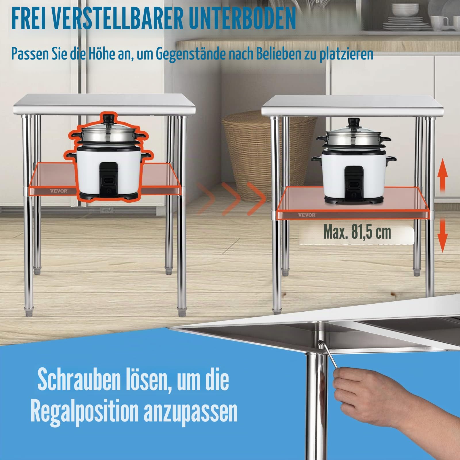 VEVOR Kommerzieller Edelstahltisch 76,2 x 76,2 x 91,4 cm, Edelstahl Zweilagiger Arbeitstisch Zerlegetisch Gastro 226 kg + 136 kg Tragfähigkeit, Gewerbe Küchentisch, Zubereitungstisch Küchenmöbel