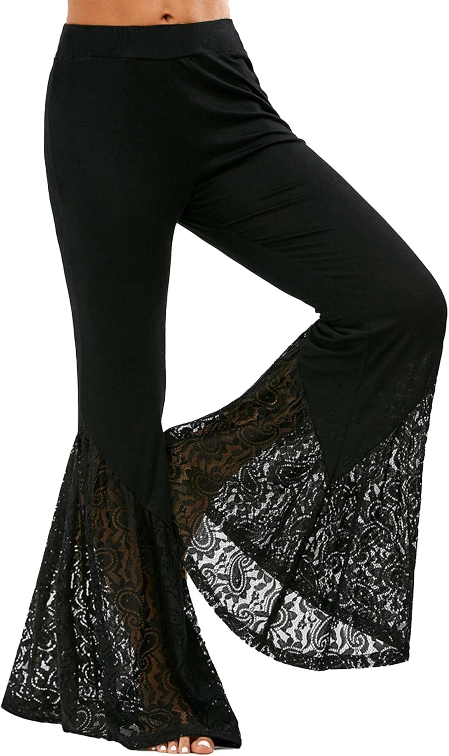 Sexyshine Women's High Waist Lace Mesh Sheer Long Pants Flared Bell Bottom Rave Festival Dance Clubwear Pants