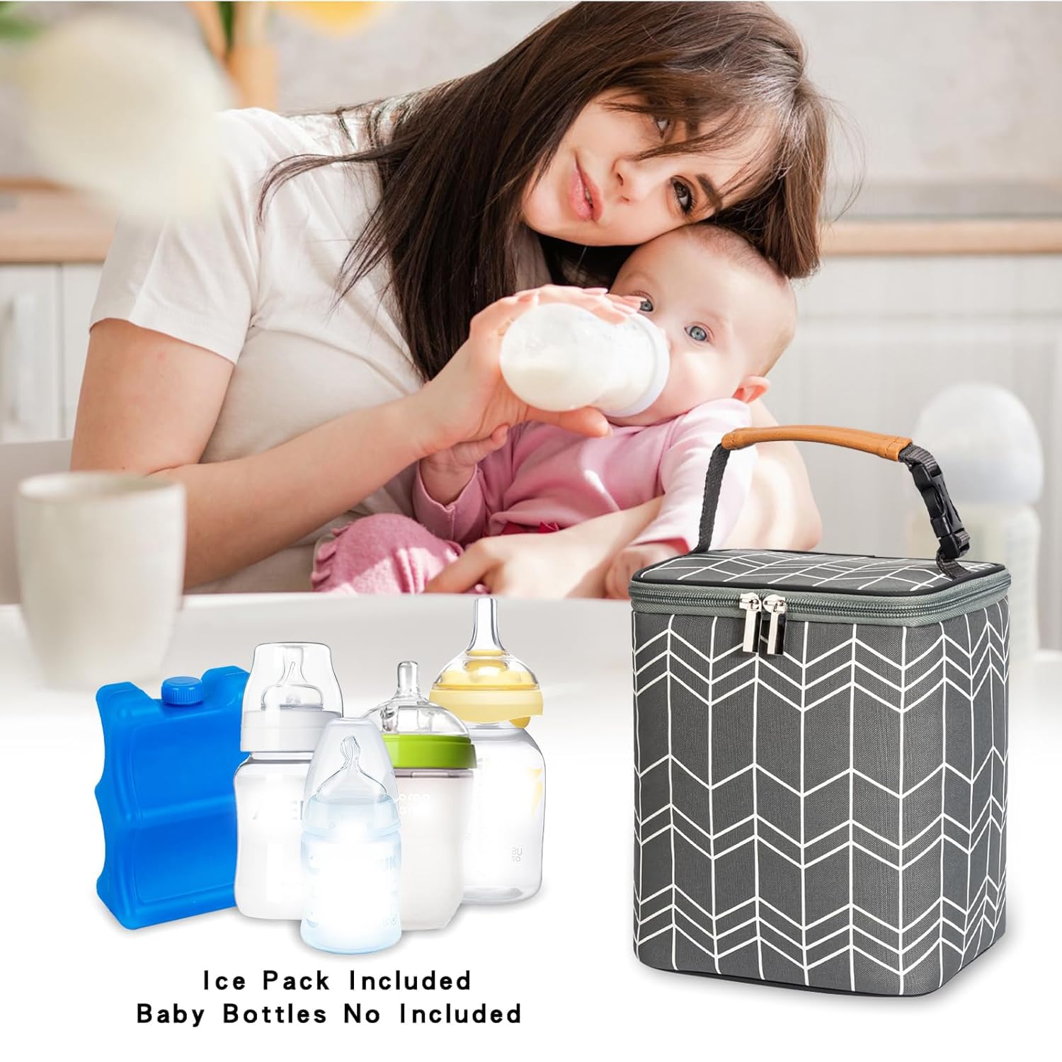 BreastMilk Cooler Bag with Ice Pack Fits 4 Baby Bottles Up to 9 Ounce, Large Baby Bottle Bag Fits for Nursing Mom Daycare