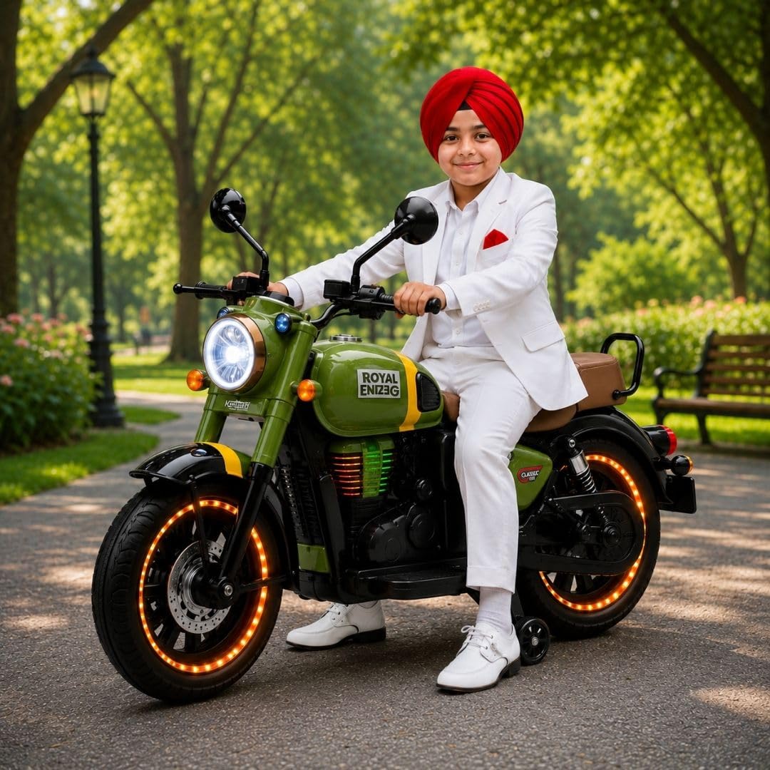 Little Pup 12V Battery Operated Royal Style Ride On Bike for Kids | Bluetooth Music | LED Wheel & Engine Lights | Foot Accelerator | Rechargeable Electric Motorcycle | Ages 2-8 Years (Green)-image-47