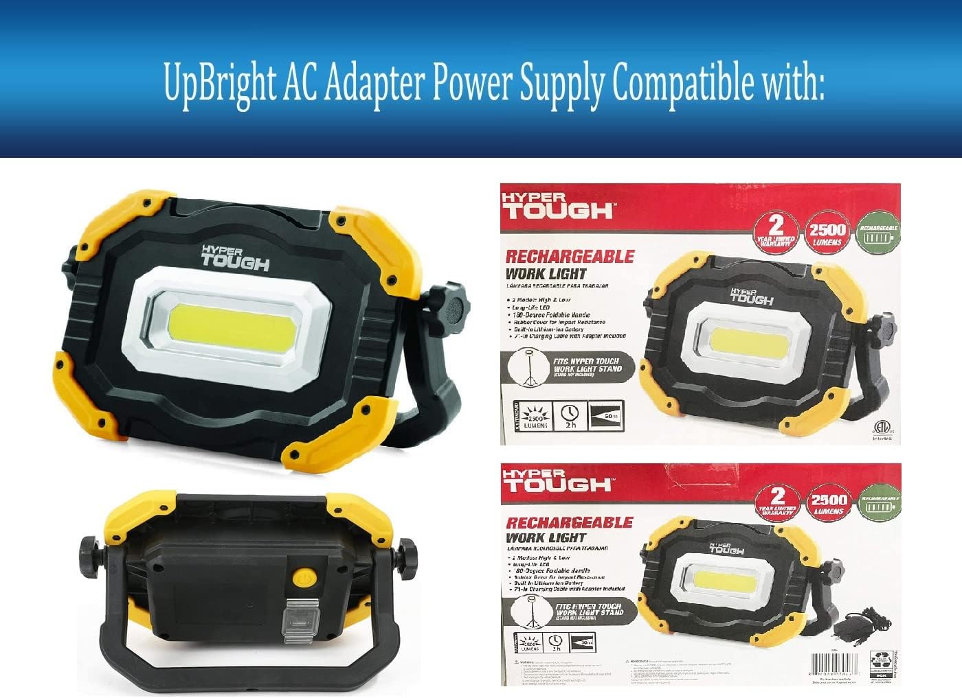 UpBright AC/DC Adapter connected to Hyper Tough work light