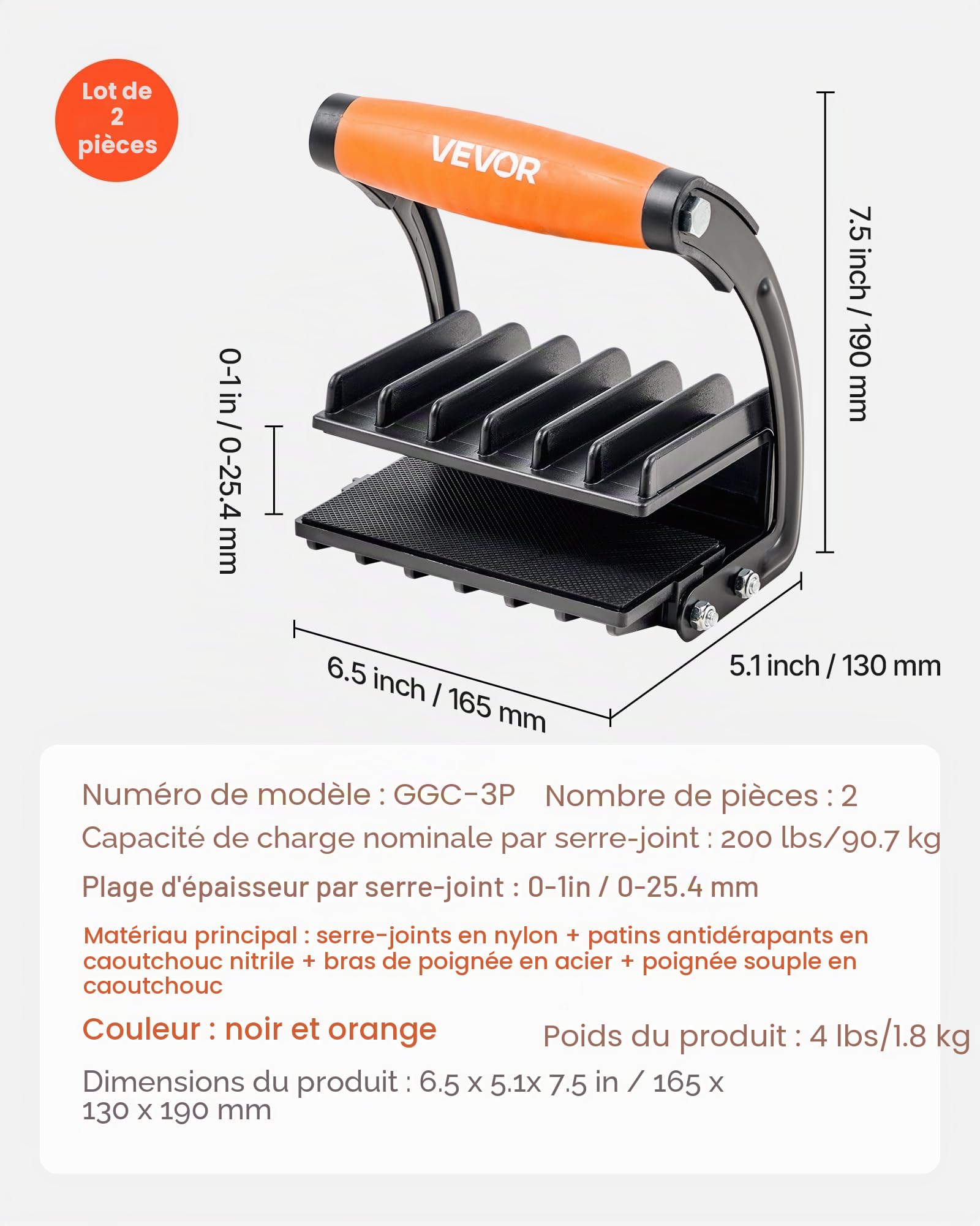 VEVOR Pince Porte Panneau, Capacité Simple 90,7 kg, Porte Plaque de Plâtre 25,4 mm, 2 PCS Pinces Transport Réglables avec Poignée Antidérapante pour Panneaux Plastique, Contreplaqué, Cloisons Sèches