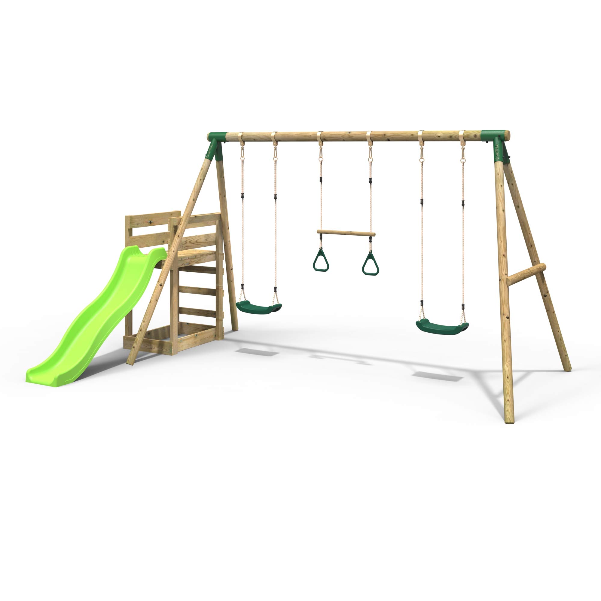 Rebo® Children's Wooden Swing Set Plus Deck and Slide - Comet Green | OutdoorToys | Kids' Playset - Sturdy Construction, Pressured Treated Timber, Soft-Feel Ropes