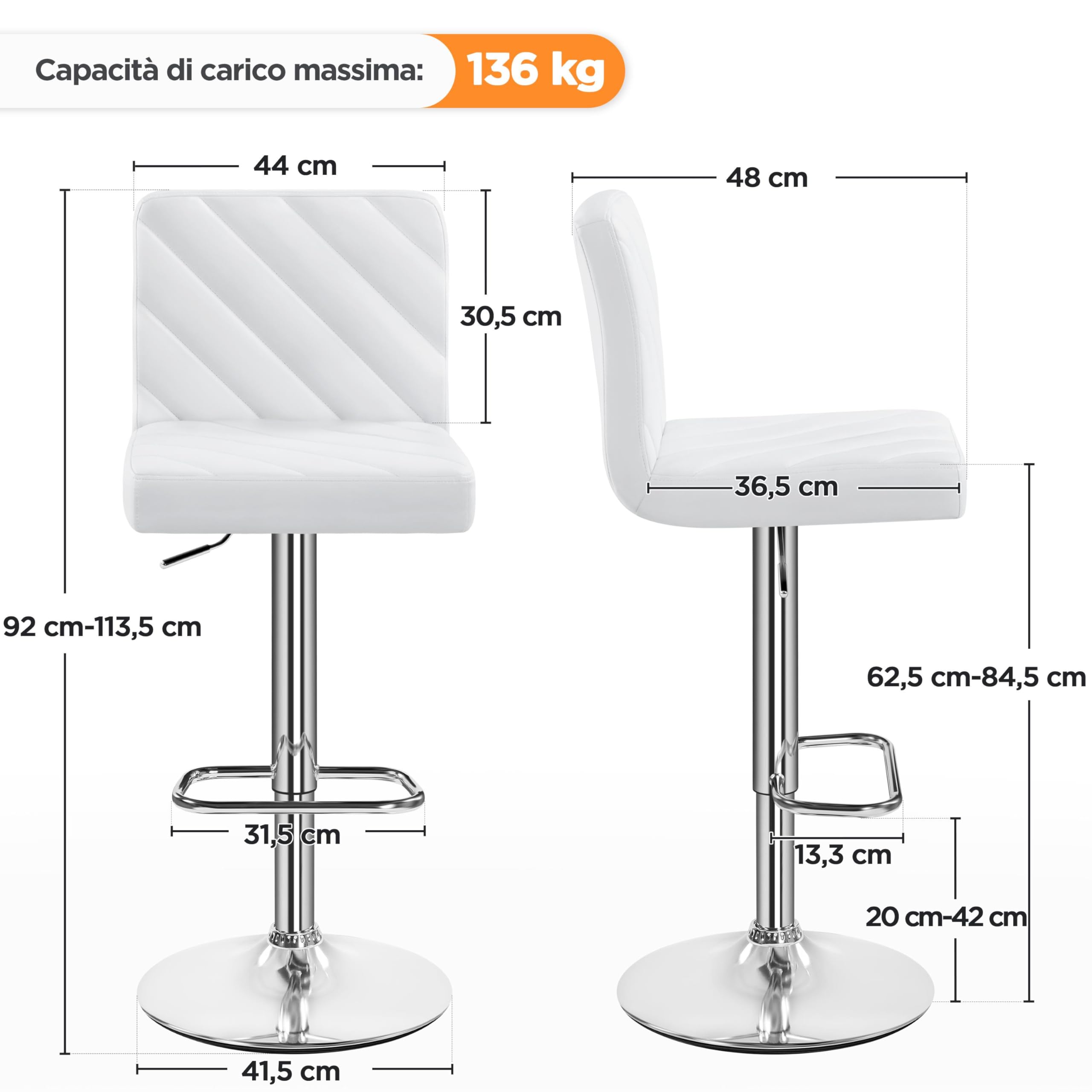 Yaheetech Set 2 Sgabelli Bar Alti Cucina Moderni Design Altezza Regolabile in Similpelle con Schienale Poggiapiedi Girevole 360° Da Penisola Bianchi