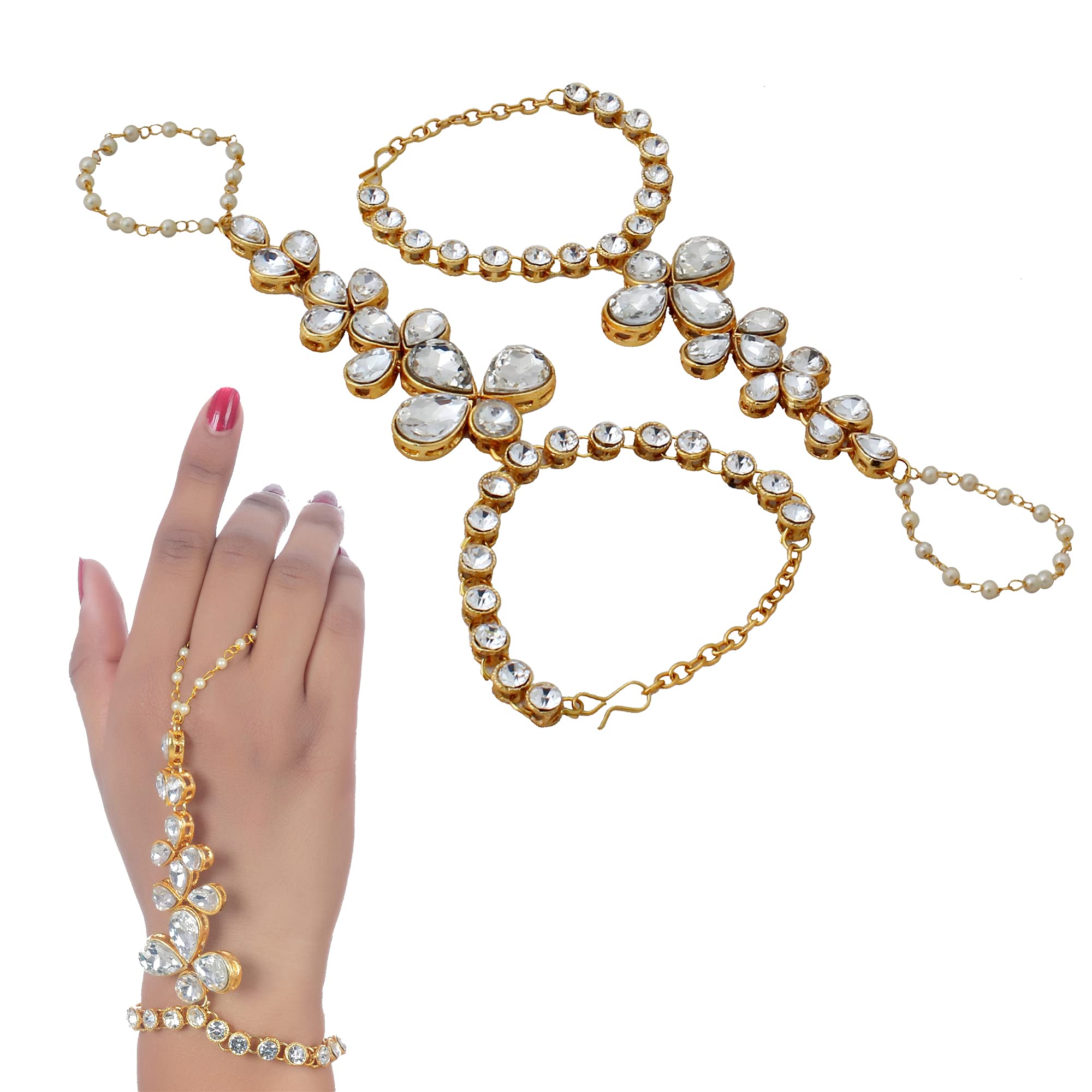 Lucky Jewellery Elegant White Color Gold Plated 1 Pair Finger Ring Bracelet for Girls & Women 1