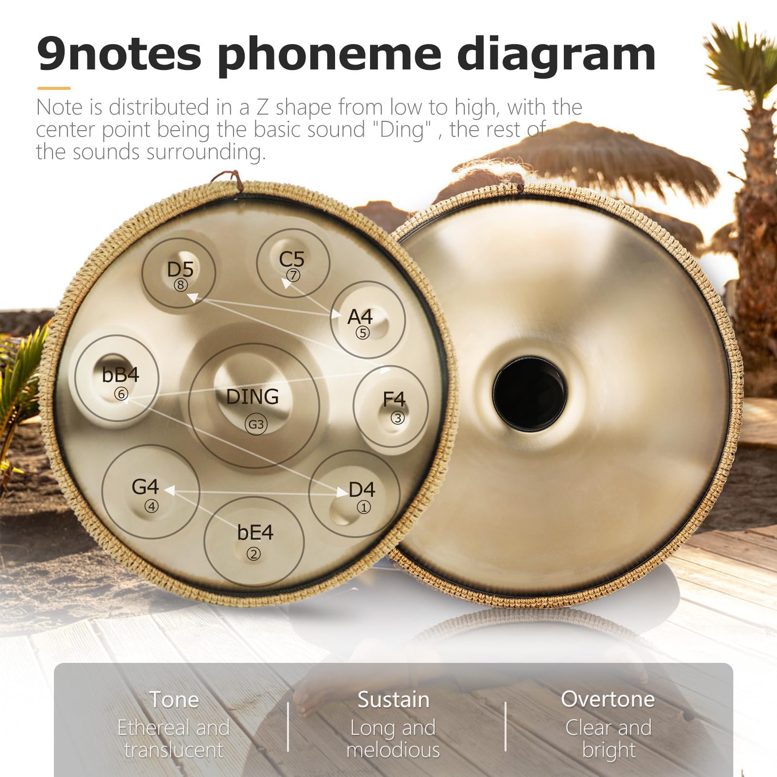 Handpan Strumento Musicale, 18 pollici 432 Hz 9 note in Acciaio Tongue Drum in sol Minore con Bacchette, Supporto per batteria, Borsa per Meditazione Yoga