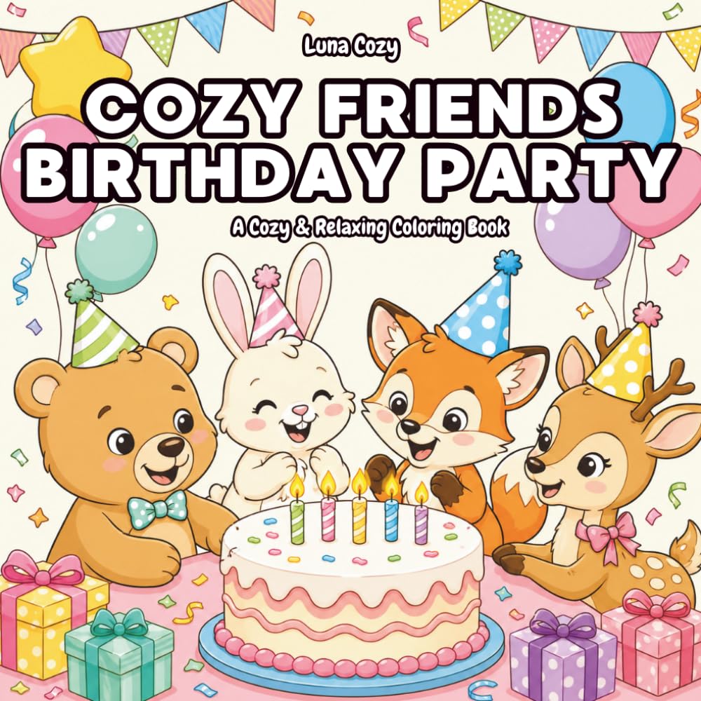 Cozy Friends Birthday Party Coloring Book: A Relaxing and Heartwarming Coloring Book for Adults and Teens with Cute Animal Friends at a Birthday Party