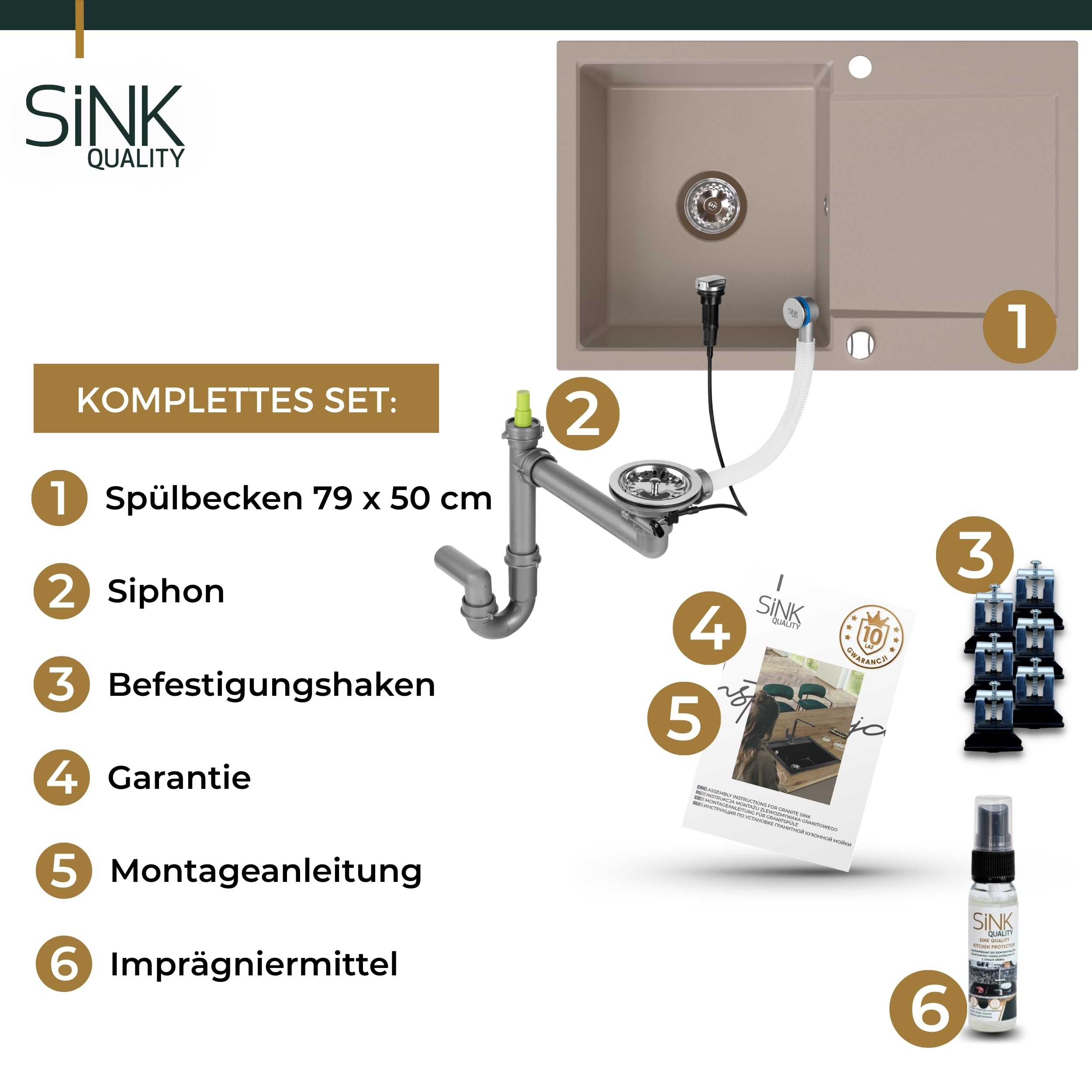 SINK Quality zlewozmywak kuchenny z ociekaczem – zlewozmywak beżowy 79 x 50 cm – w zestawie syfon i środki impregnujące – zlewozmywak do zabudowy z granitu do szafki pod umywalkę 50