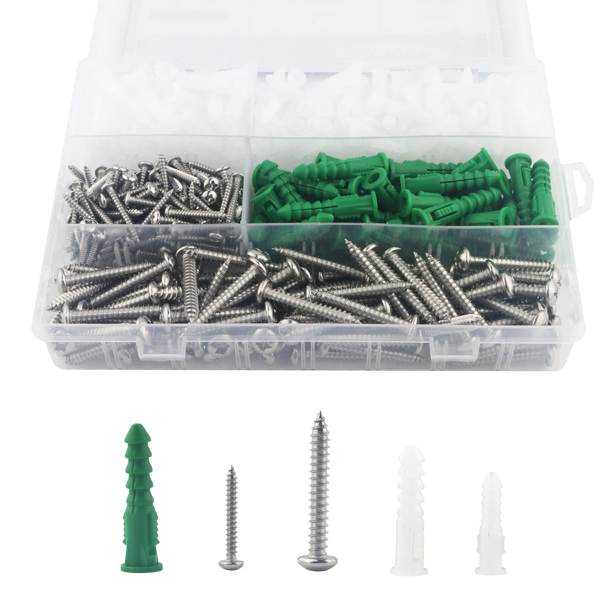 HANLATO 400PCS Dry Wall Anchors and Screws Kit, Ribbed Anchors Assortment Screws Kit, Self Drilling Wall Anchors and Screws for Drywall, 2 Sizes Screws and 3 Sizes Anchors with Organizer Box