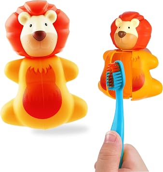 Flipper Fun Animal Lion Toothbrush Cover Kids Toothbrush Holder with Cover Toothbrush Holders for Bathrooms - Suction Cup Toothbrush Holder
