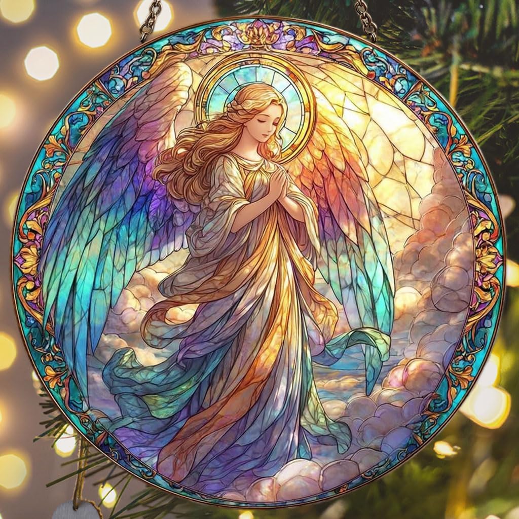 Radiant Winged Angel Mosaic Style Mosaic Effect Acrylic Suncatcher Stained Glass Effect Window Car Hanging Christmas Ornament Indoor Outdoor Decor Garden Sun Catcher Panel for Women Mom Grandma