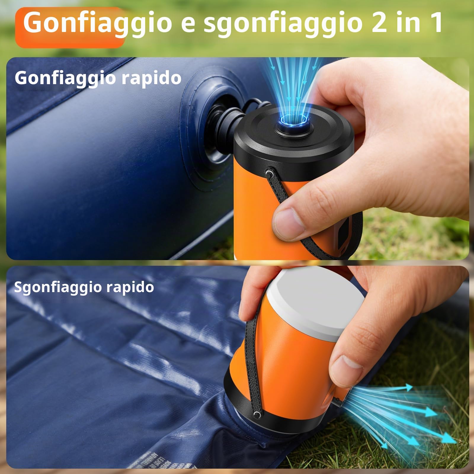 Pompa ad aria portatile per gonfiabili con batteria da 5000 mAh e luce da campeggio, pompa elettrica ultraveloce da 280 l/min, per gonfiare e sgonfiare per materassi ad aria, galleggianti per