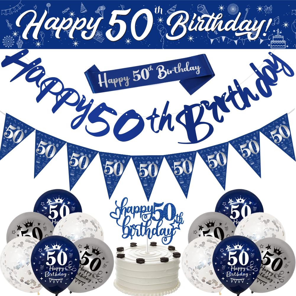 Navy Blue Silver 50th Birthday Banners for Men - Happy Birthday Party Decorations with 9ft Banner, Confetti, Latex Balloons, Bunting, Sash, Triangle Flags, Cake Toppers