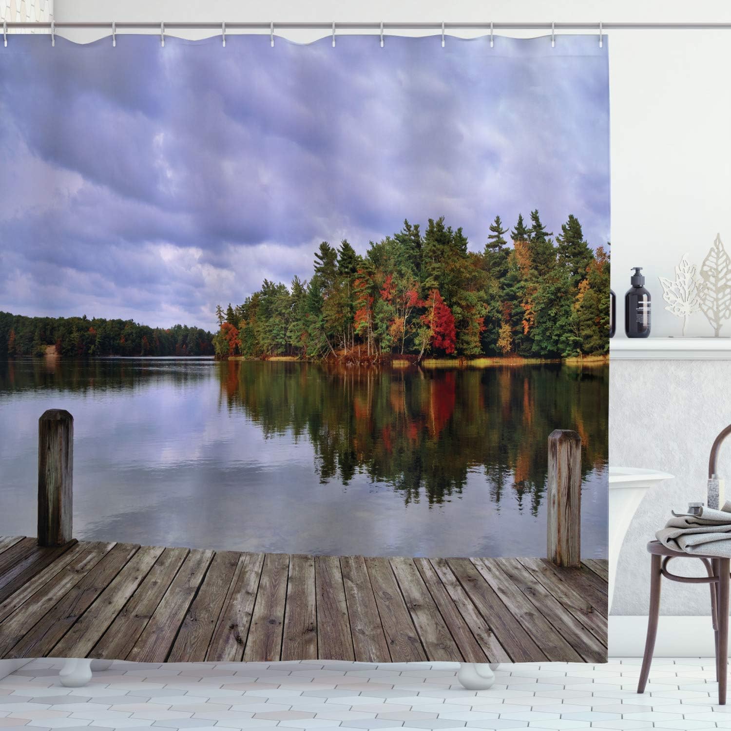 Ambesonne Lake Shower Curtain, Wooden Dock and Island Ablaze in Fall Splendor Ludington State Park in Michigan USA, Cloth Fabric Bathroom Decor Set with Hooks, 69" W x 75" L, Multicolor