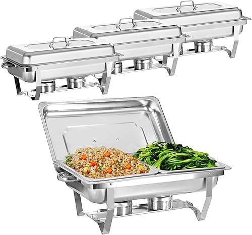 Miniatura 8 de Juego de 4 Platos Calentadores de Acero Inoxidable de Tamaño Completo de 8 Cuartos, Juego de Calentadores Rectangulares Plateados para Buffet con