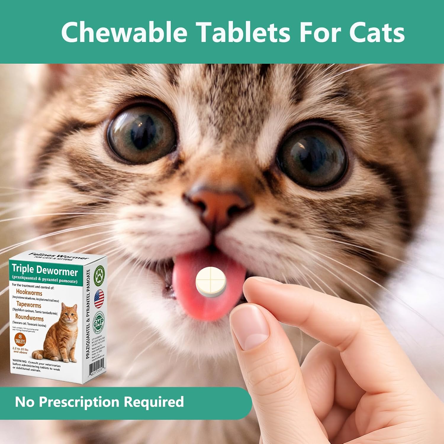 Pet Dewormer Tablets - Triple Dewormer with Pyrantel Pamoate & Praziquantel for Tapeworms, Roundworms & Hookworms, Easy-to-Give Broad-Spectrum Tablets for Cats, 48 Tablets thumbnail