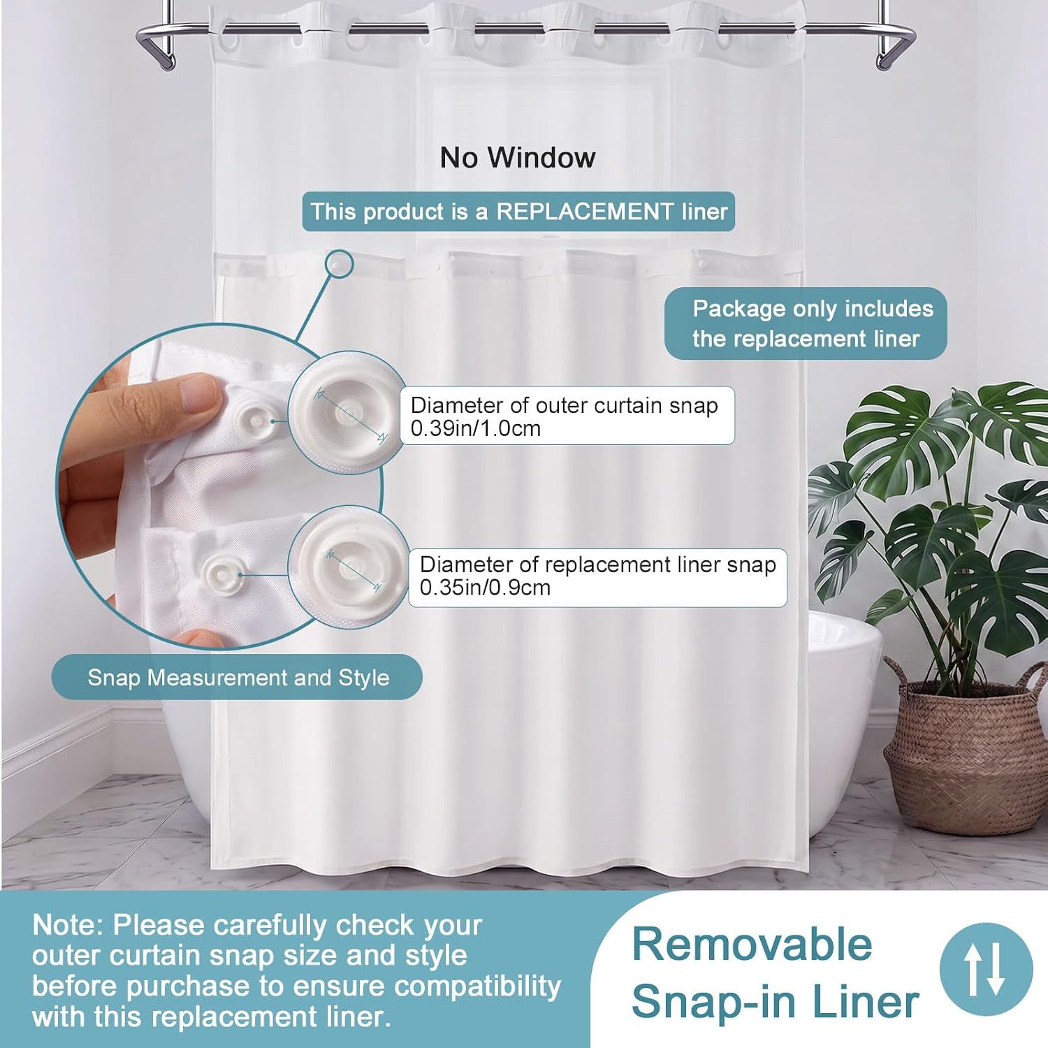 Fabric Shower Curtain Liner Replacement, Snap in Liners for 71" W x 74" L No Hook Shower Curtains, Hotel Quality Water-Repellent Machine Washable, 70x54 Inch, White