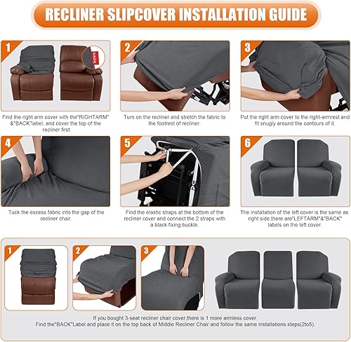 Vista 55 de VANSOFY Funda para silla reclinable, 3 piezas, fundas elásticas para silla reclinable, funda suave para silla reclinable, protector de muebles