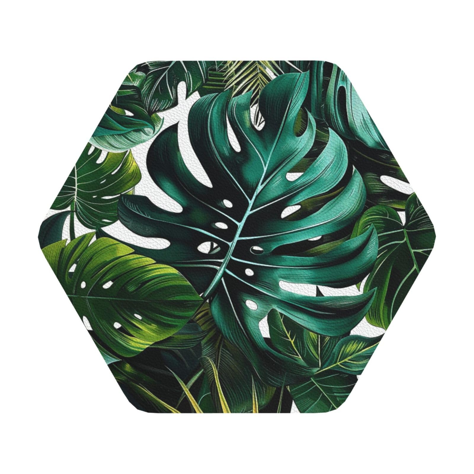 tropical leaves Print Leather Coaster Set of 6, Hexagon Coasters Table Decorative Coffee Cup Beverage Coasters Wine Beer Bar Coasters for Hot Drinks Table Protection