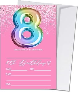 Pink 8th Birthday Invitation for Girls 20 Pieces Glitter Birthday invitation Rainbow Foil Print Invite Cards With Envelopes, Birthday Party Supplies (4×6 inch) -C25