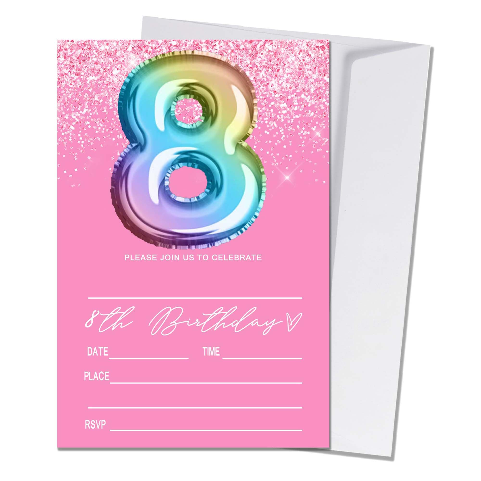 Wybgno Pink 8th Birthday Invitation for Girls 20 Pieces Glitter Birthday invitation Rainbow Foil Print Invite Cards With Envelopes, Birthday Party