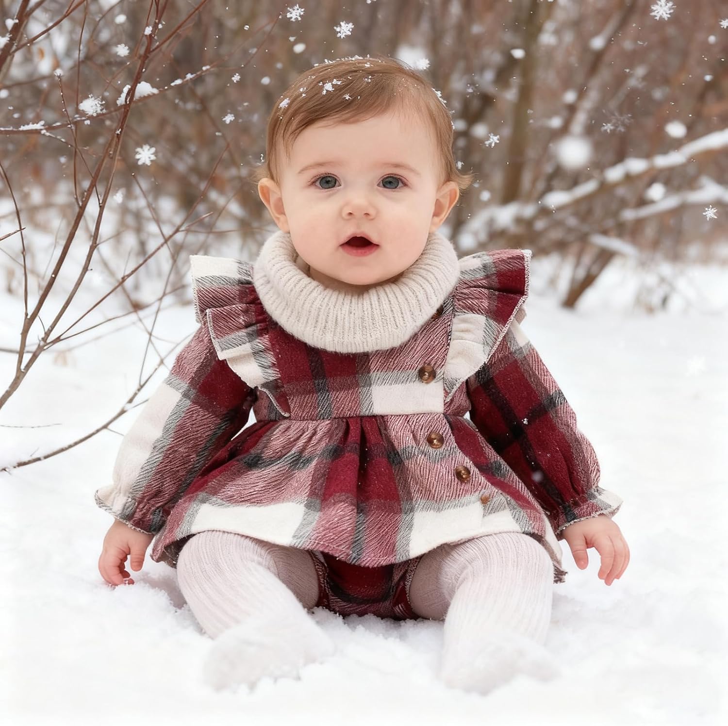 Newborn Baby Girl Fall Winter Clothes Plaid Long Sleeve Romper Buttons Outfit Ruffles Dress with Bow Headband - Image 7