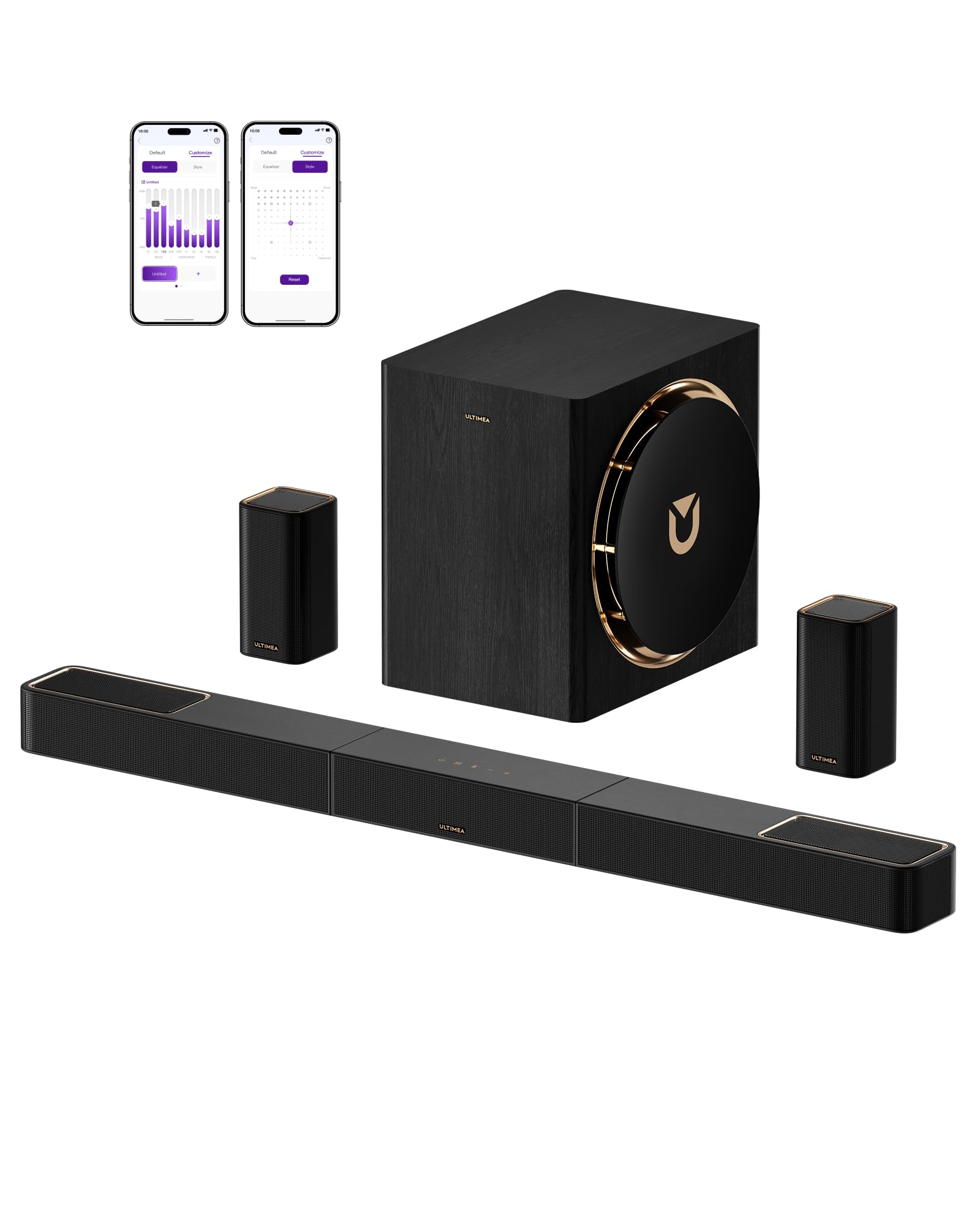 ULTIMEA Skywave X60 a 7.1.4 Canali Soundbar, Combo Audio Surround TV Wireless Professionale con Dolby Atmos, Soundbar da 840 W, Subwoofer da 8 Pollici, Amplificazione GaN e Pass-Through HDR 4K.