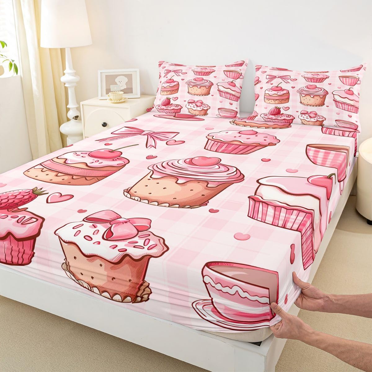 Manfei Juego de sábanas bajeras de 3 piezas, diseño de pastel de chocolate con diseño de tartán geométrico y lazo de fresa, 3 piezas, bonitas sábanas románticas con 2 fundas de almohada, decoración de