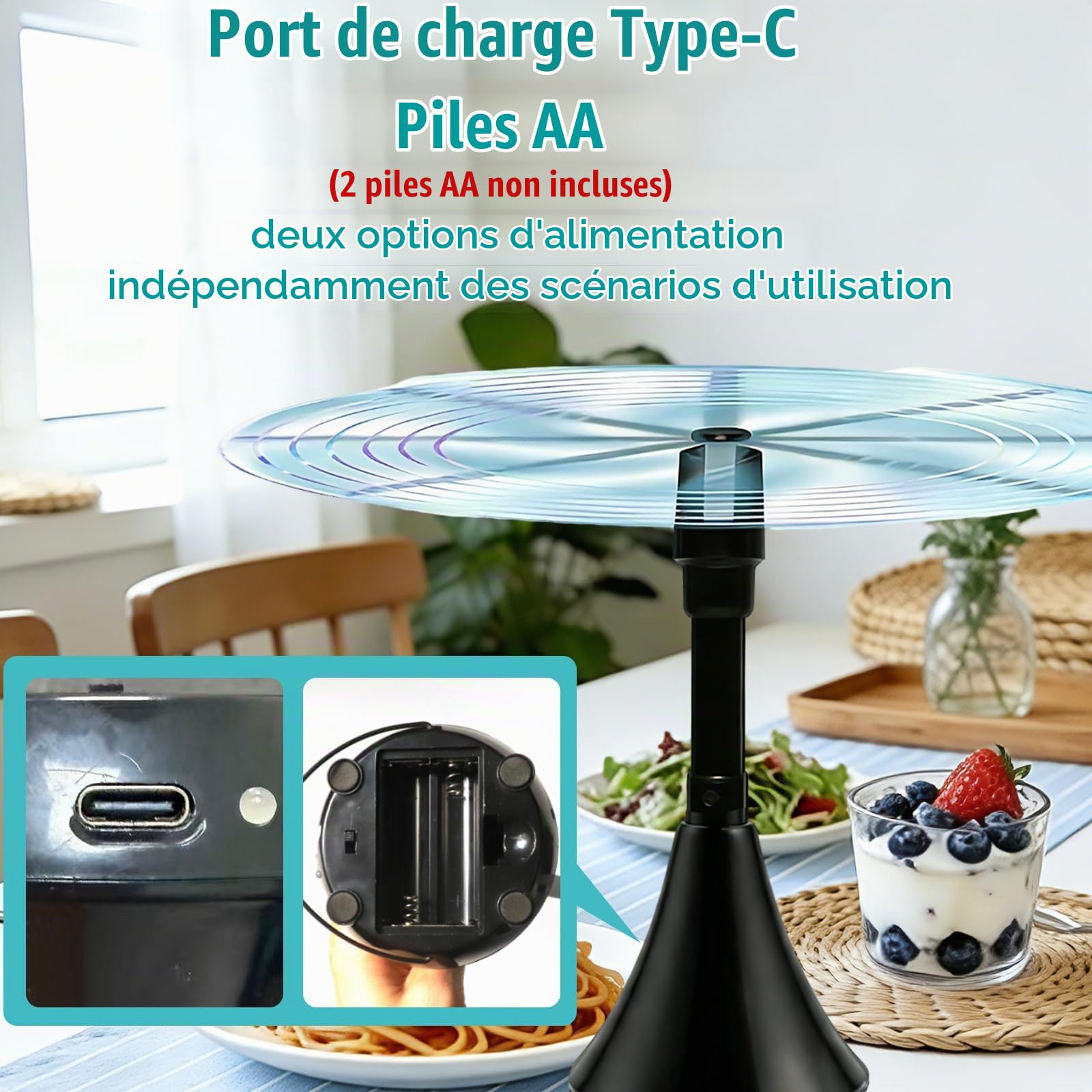 Ventilateur Anti Mouche de Table, Ventilateur Mouche Rechargeable Con USB-C | Ventilateur de Table Anti Mouche Pliable Extensible, Suspendu pour Pique Niques Restaurant Cuisines Extérieur