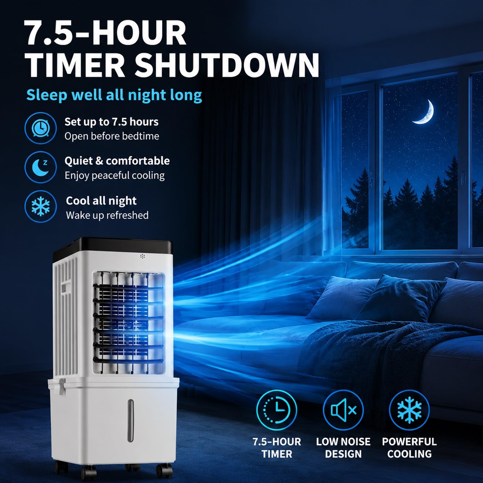 Enfriador de Aire Portatil de 75 W con Control Remoto y 4 Cristales de Hielo, Depósito de 15 L, 3 Velocidades, Temporizador de 7,5 Horas, para el Hogar, Dormitorio y Oficina, 60x27x23cm