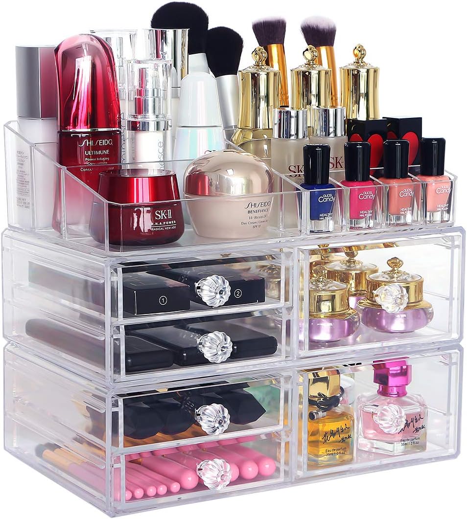 COOLBEAR Clear Acrylic Cosmetic Storage Display Box with 1 Makeup Tray 6 Drawers Set for Bathroom Office Countertop