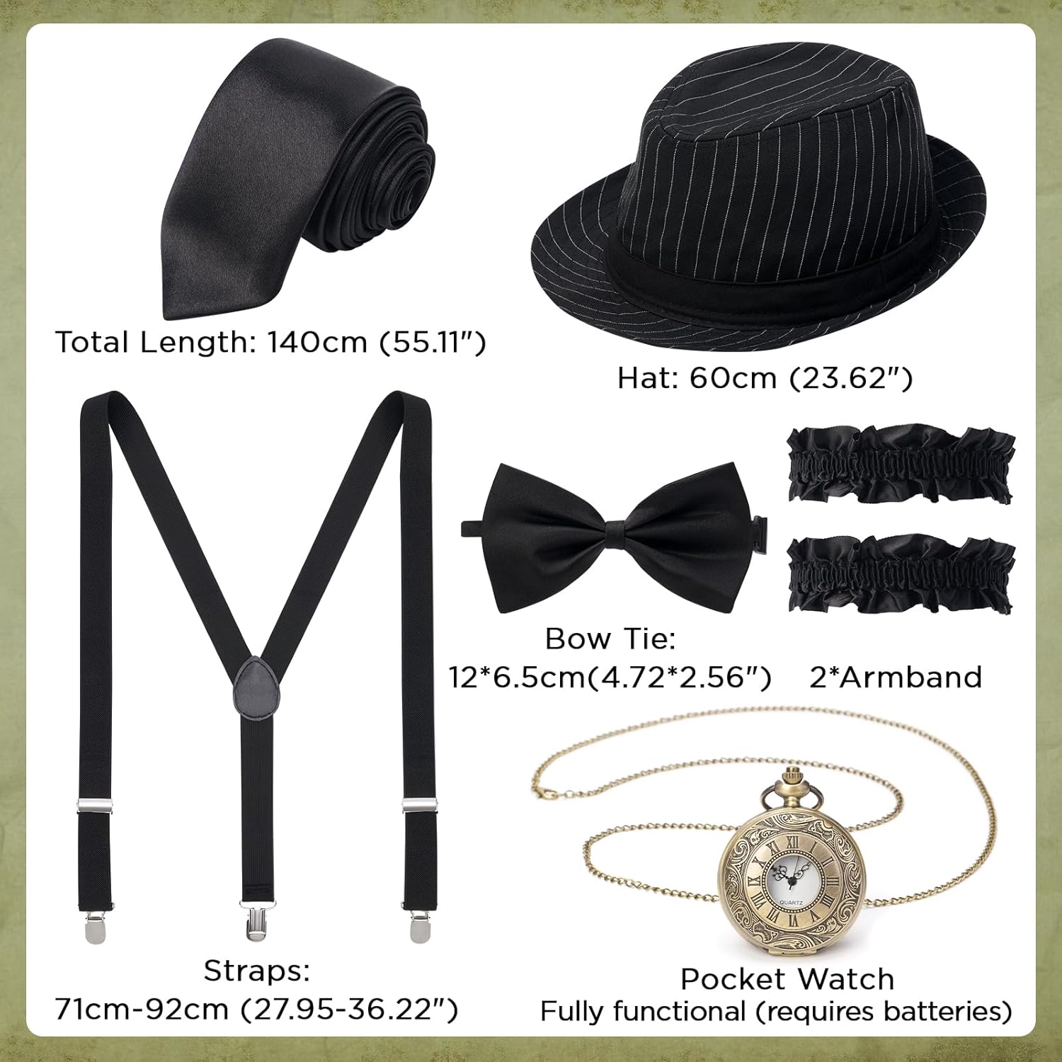 YESSA 1920s Mens Costume,1920 Mens Outfit,Roaring 20s Costumes for Men,1920s Hat Vest Pocket Watch Suspenders Tie - Image 7