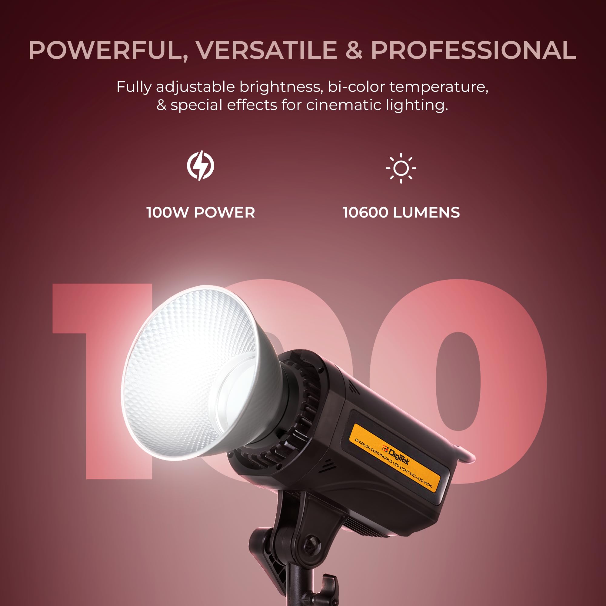 Digitek Lite DCL-100 WDC 100W Bi-Color COB LED Video Light with Reflector, 2700K-6500K, High CRI, 10600 Lumens, 8 FX Effects, Continuous Studio Light for Photography & Videography — Amazon image 4