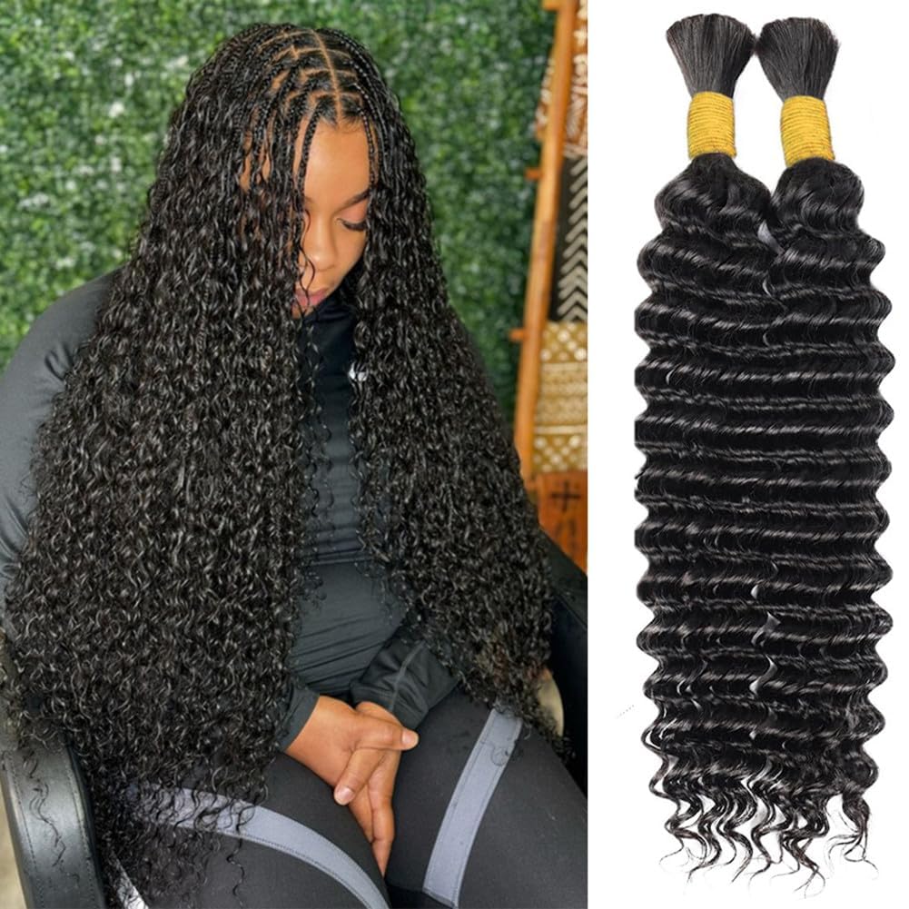 Aailvmey Human Braiding Hair for Boho Braids Bohemian Deep Wave Bulk 100% Human Hair for Braiding Wet and Wave Human Culry Hair for Boho Knotless Braids No Weft 2 Bundles 100g Hair Extensions